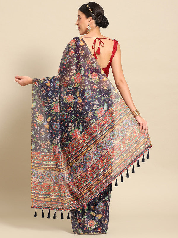 Navy Blue Pure Cotton Printed Floral Saree with Unstitched Blouse - Hiral Fashion