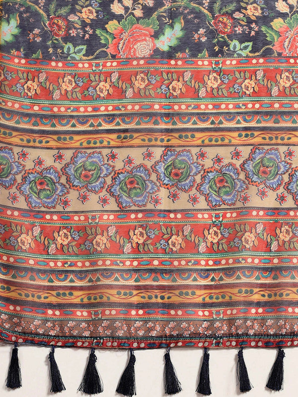 Navy Blue Pure Cotton Printed Floral Saree with Unstitched Blouse - Hiral Fashion