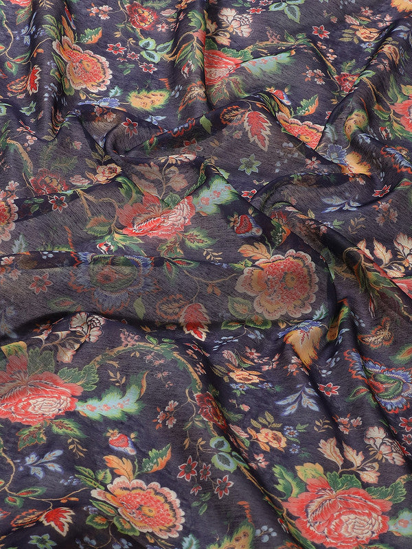 Navy Blue Pure Cotton Printed Floral Saree with Unstitched Blouse - Hiral Fashion