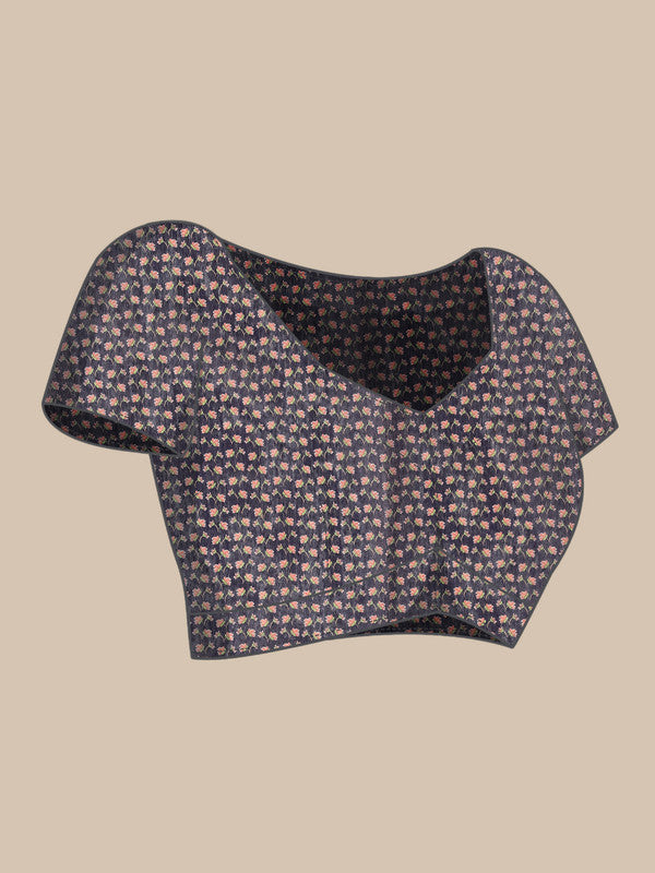 Navy Blue Pure Cotton Printed Floral Saree with Unstitched Blouse - Hiral Fashion