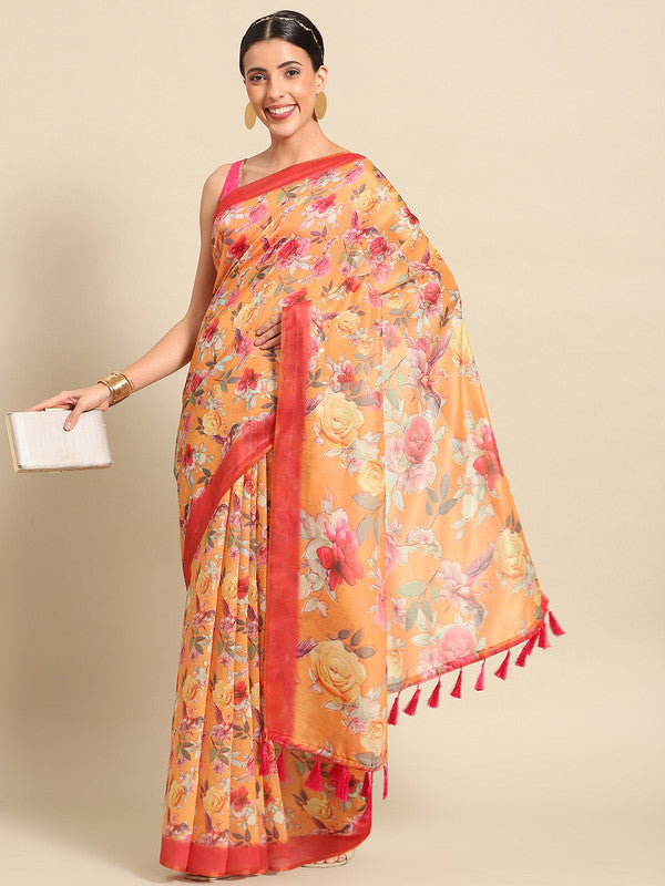 Orange Pure Cotton Printed Floral Saree with Unstitched Blouse - Hiral Fashion