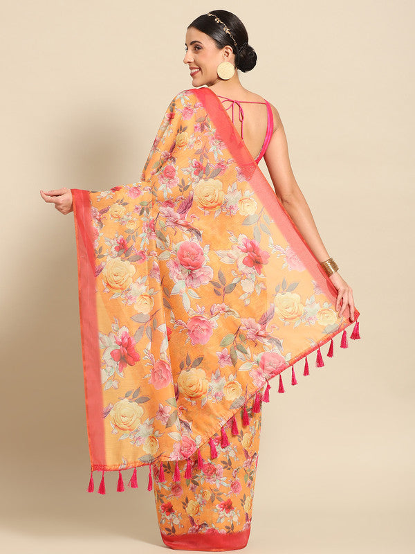 Orange Pure Cotton Printed Floral Saree with Unstitched Blouse - Hiral Fashion