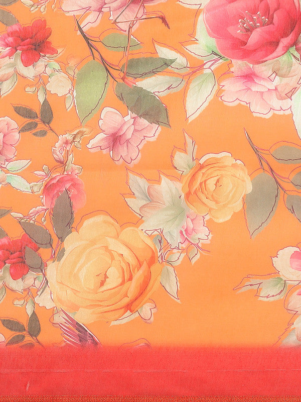 Orange Pure Cotton Printed Floral Saree with Unstitched Blouse - Hiral Fashion