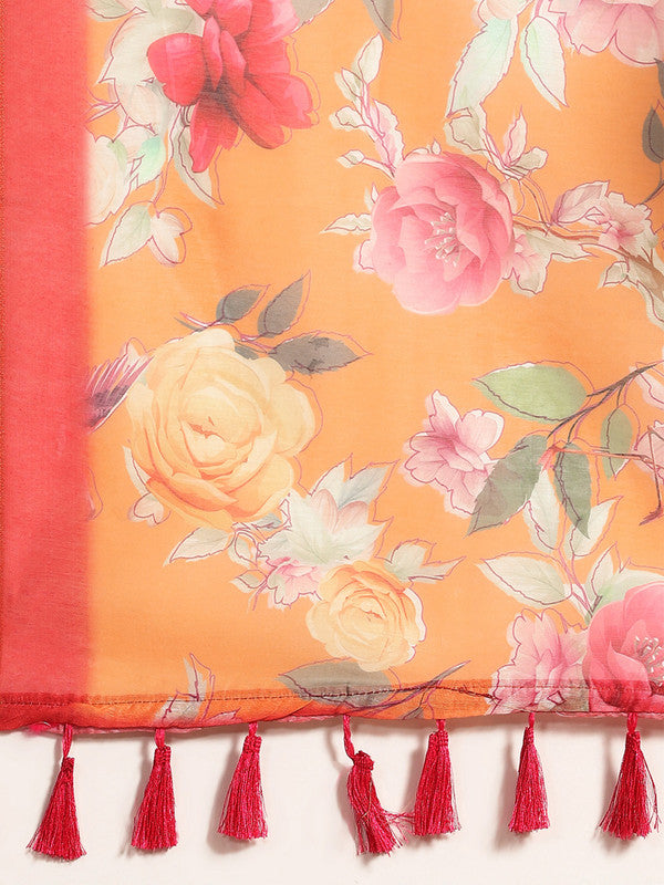 Orange Pure Cotton Printed Floral Saree with Unstitched Blouse - Hiral Fashion