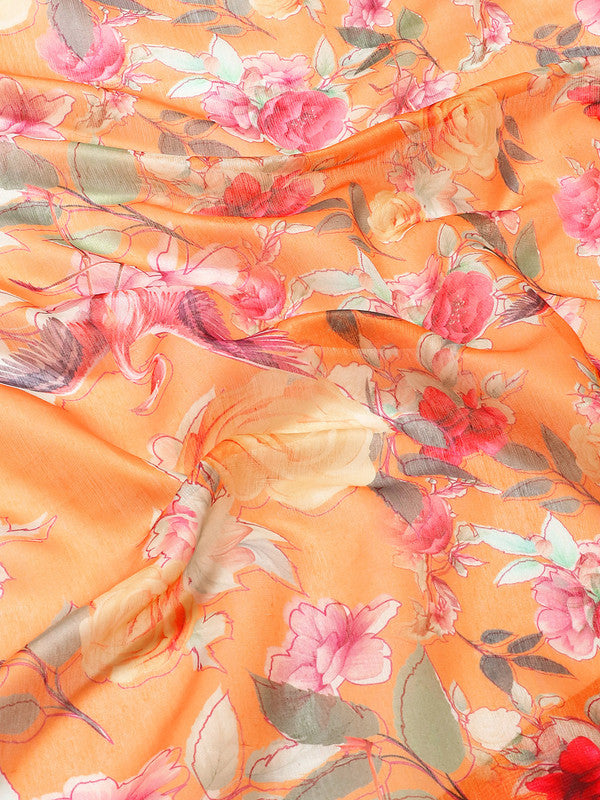 Orange Pure Cotton Printed Floral Saree with Unstitched Blouse - Hiral Fashion