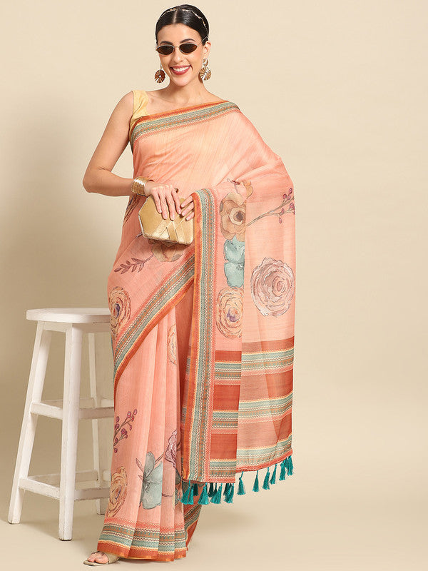 Peach Pure Cotton Printed Floral Saree with Unstitched Blouse - Hiral Fashion