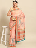 Peach Pure Cotton Printed Floral Saree with Unstitched Blouse - Hiral Fashion