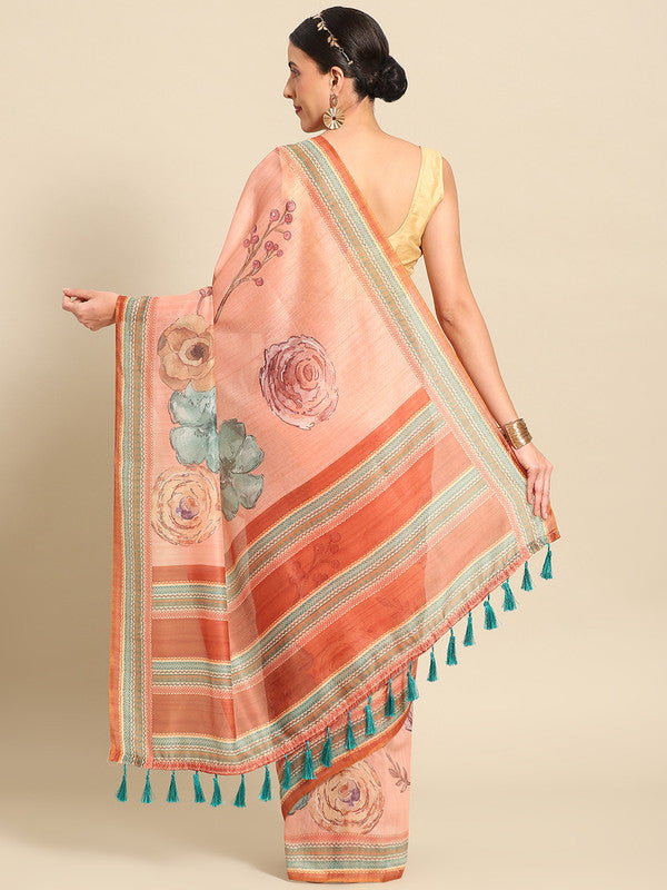 Peach Pure Cotton Printed Floral Saree with Unstitched Blouse - Hiral Fashion