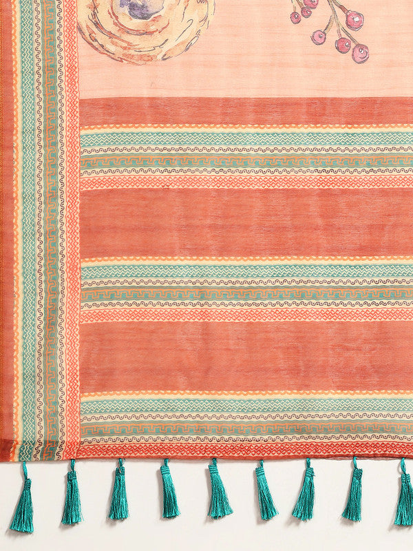 Peach Pure Cotton Printed Floral Saree with Unstitched Blouse - Hiral Fashion