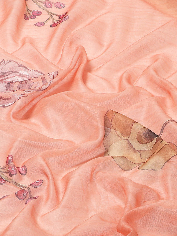 Peach Pure Cotton Printed Floral Saree with Unstitched Blouse - Hiral Fashion