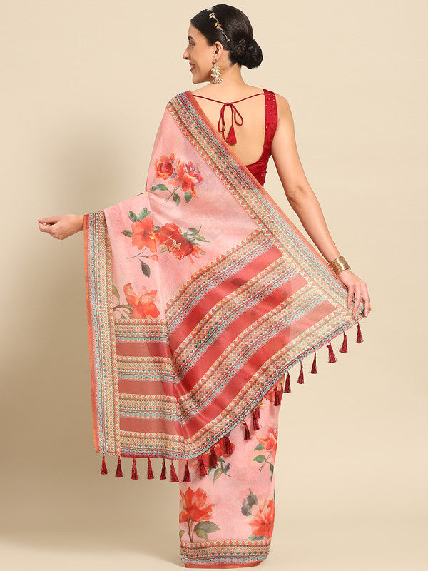 Pink Pure Cotton Printed Floral Saree with Unstitched Blouse - Hiral Fashion