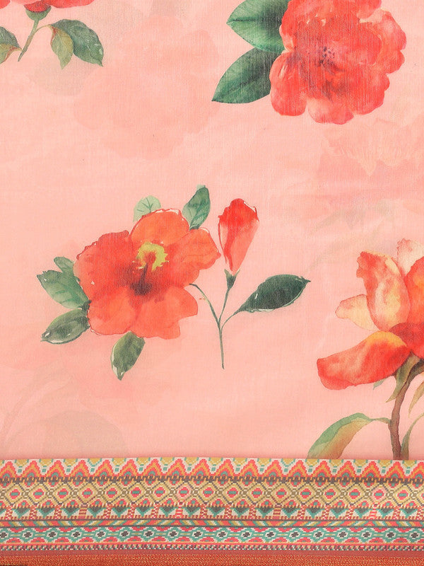 Pink Pure Cotton Printed Floral Saree with Unstitched Blouse - Hiral Fashion