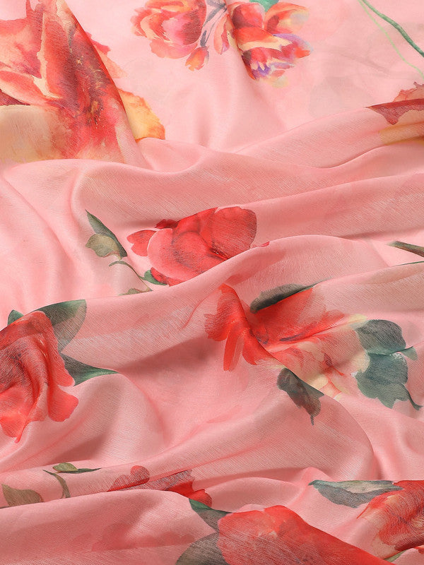 Pink Pure Cotton Printed Floral Saree with Unstitched Blouse - Hiral Fashion
