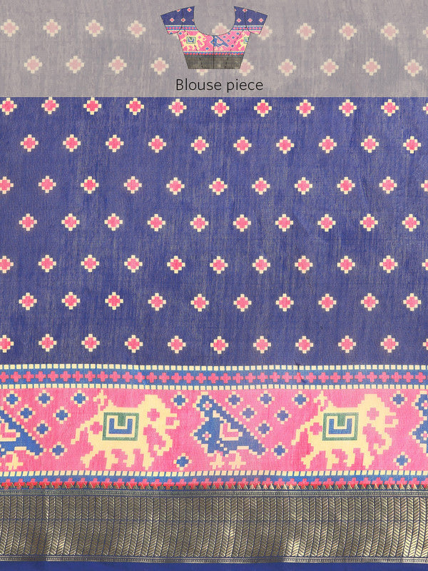 Blue Silk Cotton Printed Striped Saree with Unstitched Blouse - Hiral Fashion