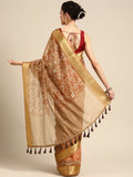 Brown Silk Cotton Printed Floral Saree with Unstitched Blouse - Hiral Fashion