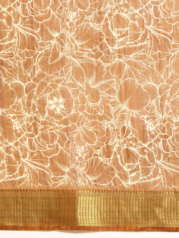 Brown Silk Cotton Printed Floral Saree with Unstitched Blouse - Hiral Fashion