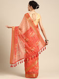 Orange Silk Cotton Printed Striped Saree with Unstitched Blouse - Hiral Fashion