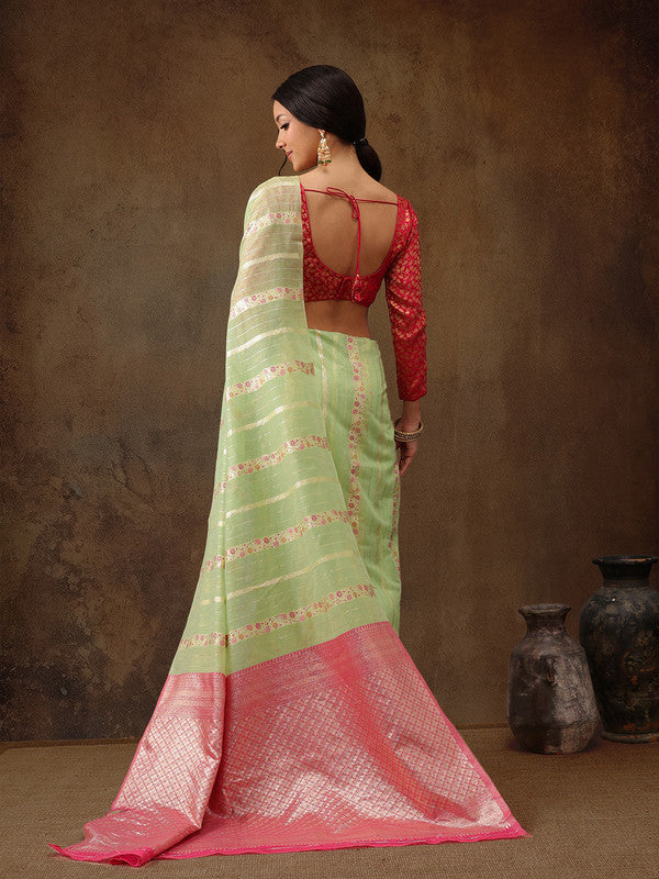Green Cotton Woven Zari Design Floral Saree with Unstitched Blouse - Hiral Fashion