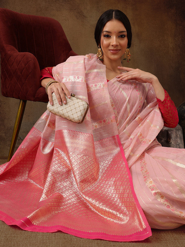 Pink Cotton Woven Zari Design Floral Saree with Unstitched Blouse - Hiral Fashion