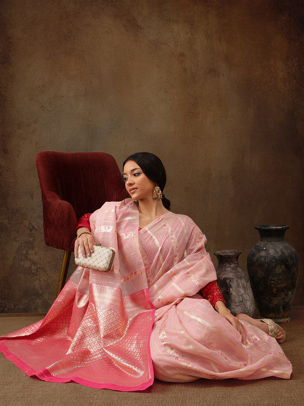 Pink Cotton Woven Zari Design Floral Saree with Unstitched Blouse - Hiral Fashion