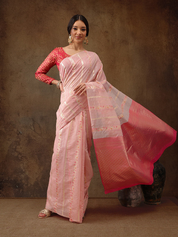 Pink Cotton Woven Zari Design Floral Saree with Unstitched Blouse - Hiral Fashion