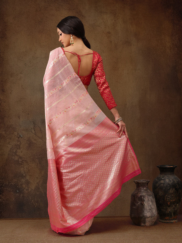 Pink Cotton Woven Zari Design Floral Saree with Unstitched Blouse - Hiral Fashion