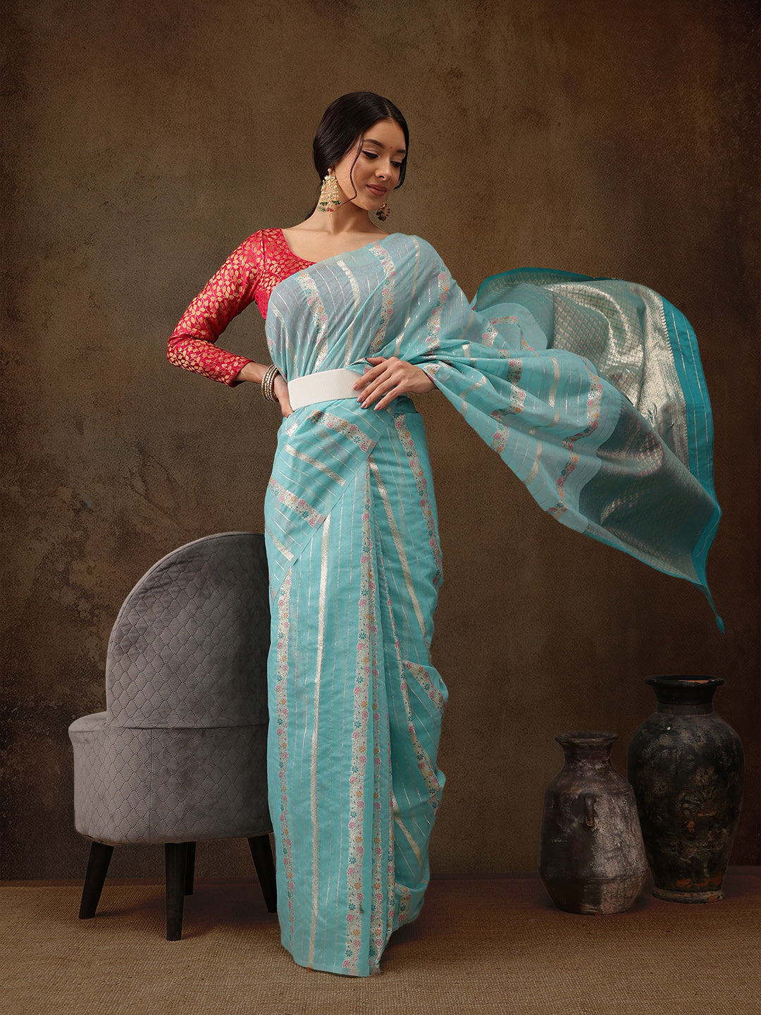 Turquoise Cotton Woven Zari Design Floral Saree with Unstitched Blouse - Hiral Fashion