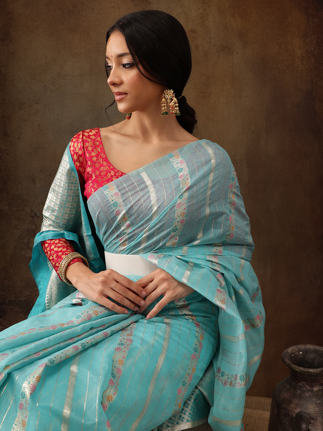 Turquoise Cotton Woven Zari Design Floral Saree with Unstitched Blouse - Hiral Fashion