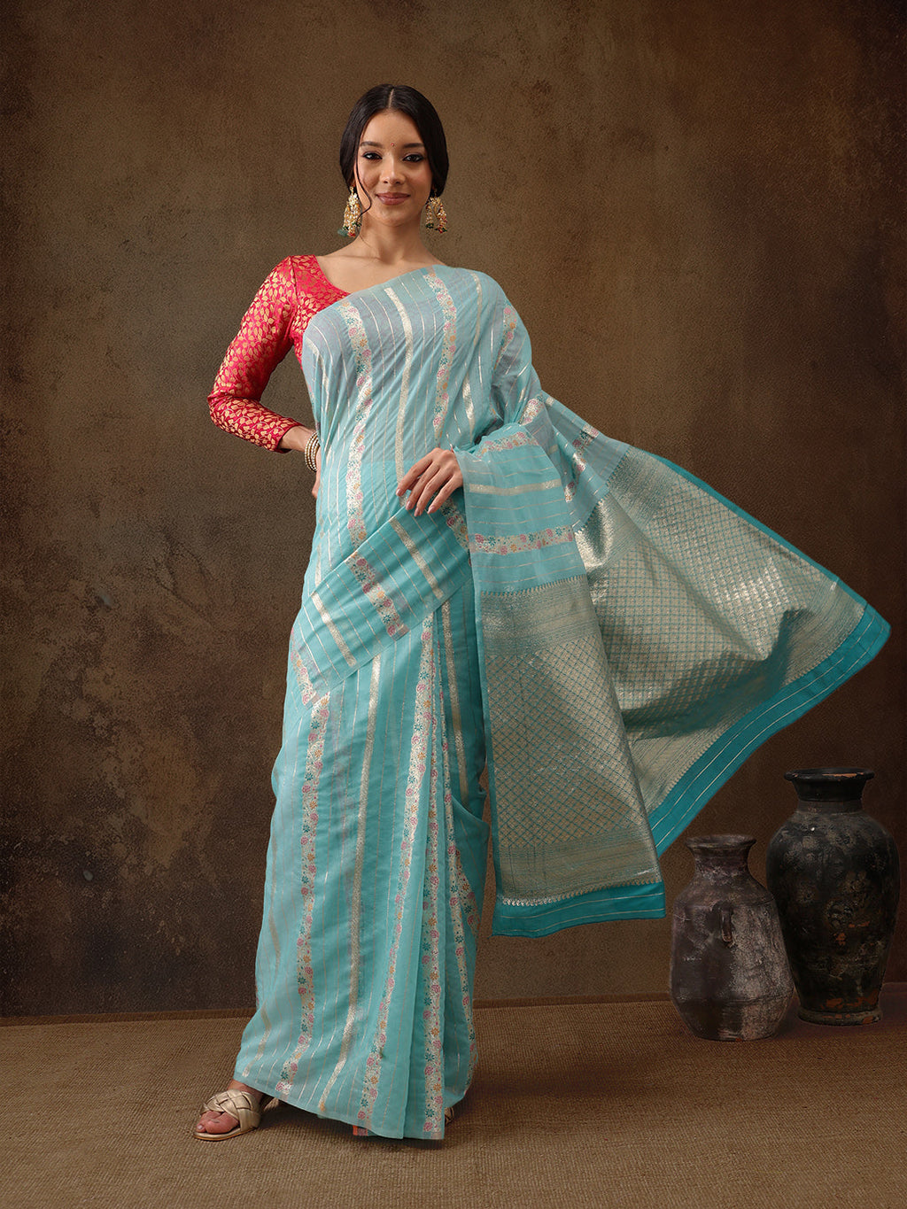 Turquoise Cotton Woven Zari Design Floral Saree with Unstitched Blouse - Hiral Fashion