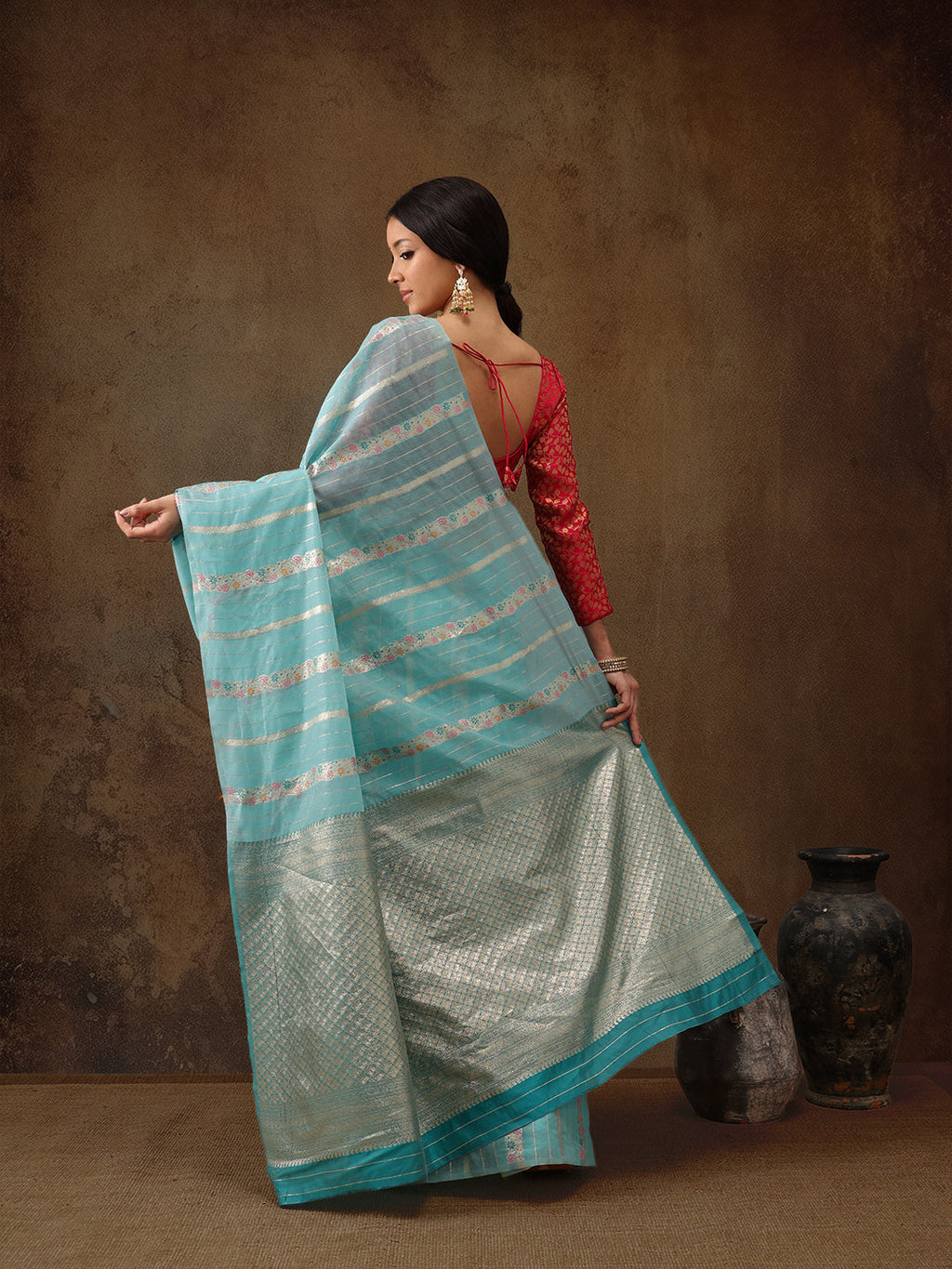Turquoise Cotton Woven Zari Design Floral Saree with Unstitched Blouse - Hiral Fashion