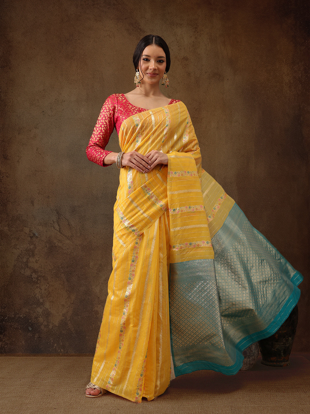 Yellow Cotton Woven Zari Design Floral Saree with Unstitched Blouse - Hiral Fashion