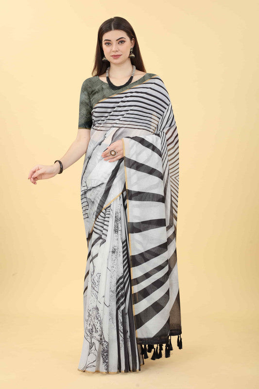 Black Cotton Blend Printed Striped Saree with Unstitched Blouse - Hiral Fashion