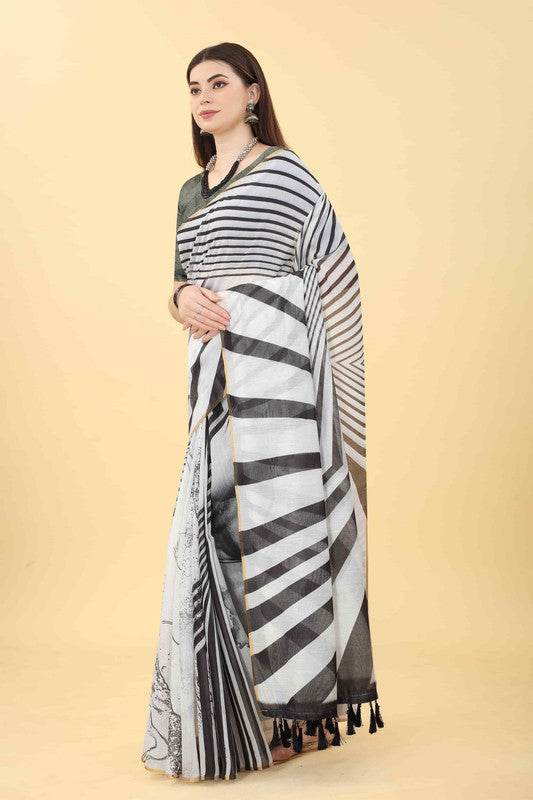 Black Cotton Blend Printed Striped Saree with Unstitched Blouse - Hiral Fashion