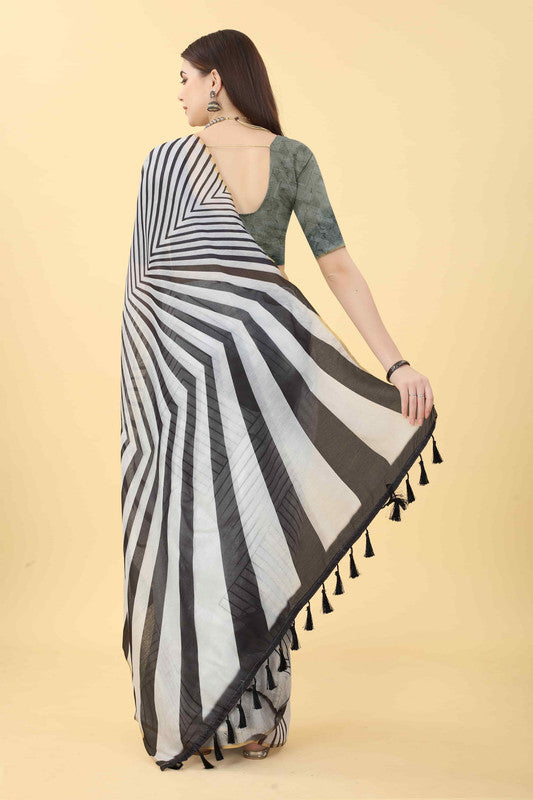 Black Cotton Blend Printed Striped Saree with Unstitched Blouse - Hiral Fashion
