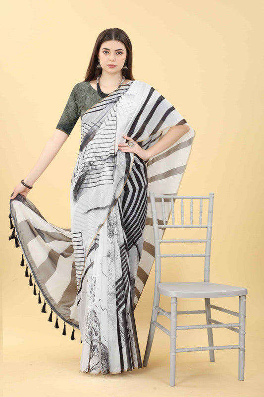Black Cotton Blend Printed Striped Saree with Unstitched Blouse - Hiral Fashion