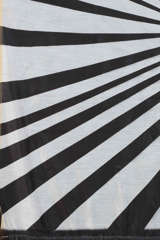 Black Cotton Blend Printed Striped Saree with Unstitched Blouse - Hiral Fashion