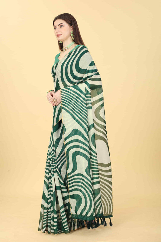 Green Cotton Blend Printed Striped Saree with Unstitched Blouse - Hiral Fashion