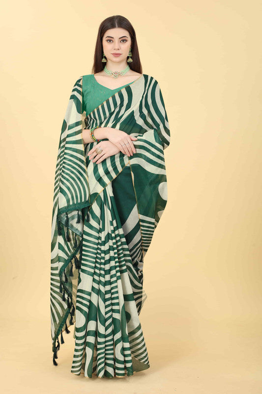 Green Cotton Blend Printed Striped Saree with Unstitched Blouse - Hiral Fashion