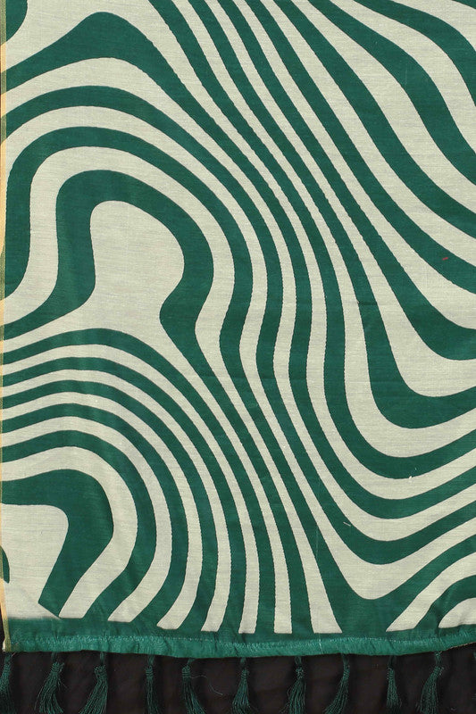 Green Cotton Blend Printed Striped Saree with Unstitched Blouse - Hiral Fashion