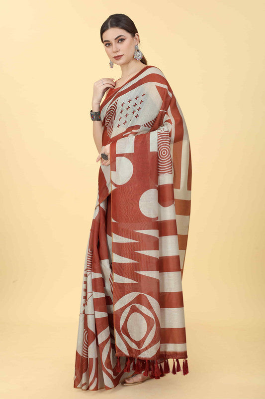 Maroon Cotton Blend Printed Geomatric Saree with Unstitched Blouse - Hiral Fashion