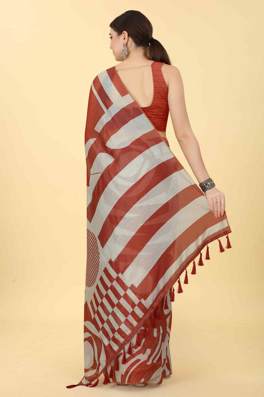 Maroon Cotton Blend Printed Geomatric Saree with Unstitched Blouse - Hiral Fashion