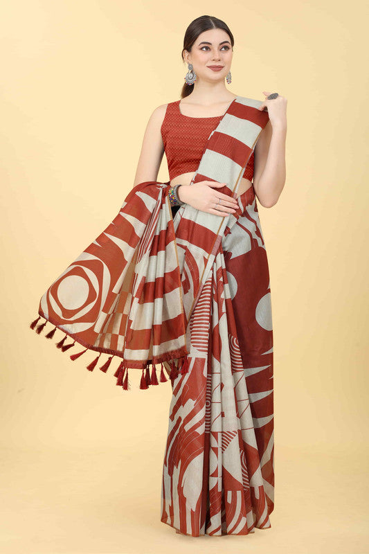 Maroon Cotton Blend Printed Geomatric Saree with Unstitched Blouse - Hiral Fashion