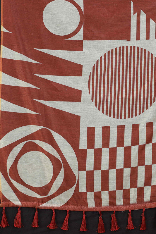 Maroon Cotton Blend Printed Geomatric Saree with Unstitched Blouse - Hiral Fashion