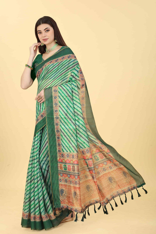 Multicolor Cotton Blend Printed Striped Saree with Unstitched Blouse - Hiral Fashion