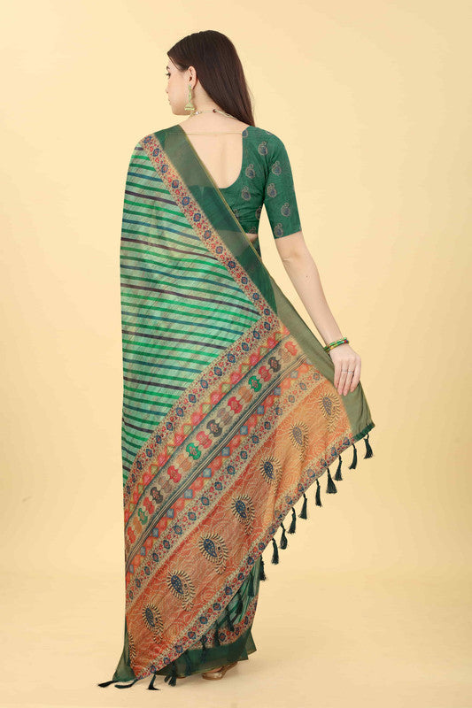 Multicolor Cotton Blend Printed Striped Saree with Unstitched Blouse - Hiral Fashion