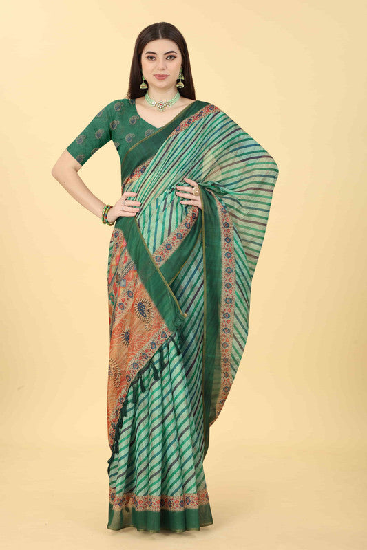 Multicolor Cotton Blend Printed Striped Saree with Unstitched Blouse - Hiral Fashion