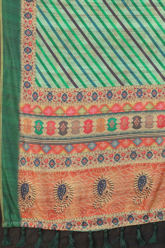 Multicolor Cotton Blend Printed Striped Saree with Unstitched Blouse - Hiral Fashion