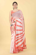 Red Cotton Blend Printed Striped Saree with Unstitched Blouse - Hiral Fashion