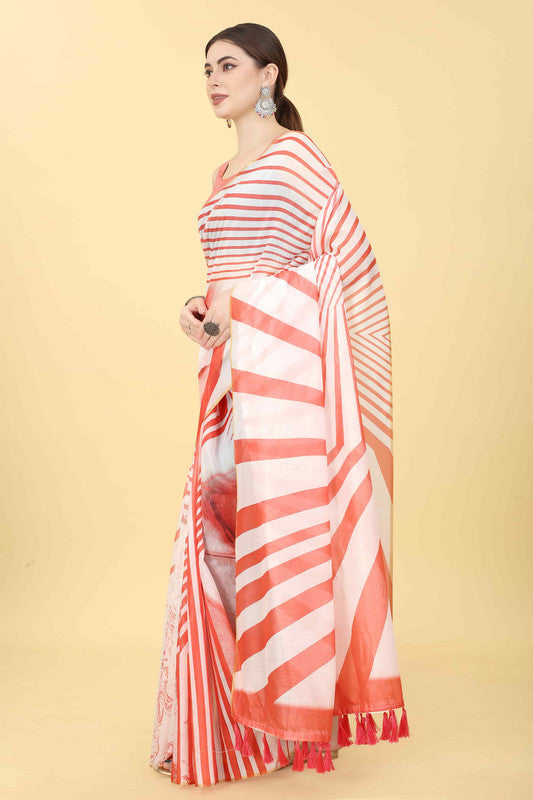Red Cotton Blend Printed Striped Saree with Unstitched Blouse - Hiral Fashion