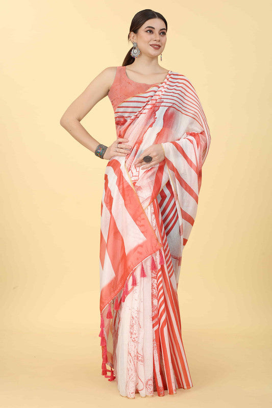 Red Cotton Blend Printed Striped Saree with Unstitched Blouse - Hiral Fashion